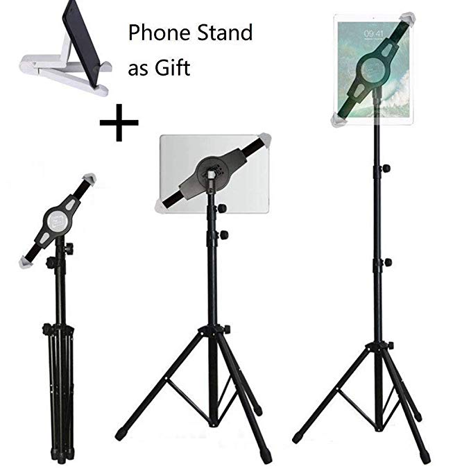 iPad Tripod Stand, LetsRun Height Adjustable Foldable Floor Tablet Tripod Stand for iPad mini, iPad Air, iPad 1,2,3,4 and all 8-12 Inch Tablets, Carrying Case and Phone Stand as Gifts