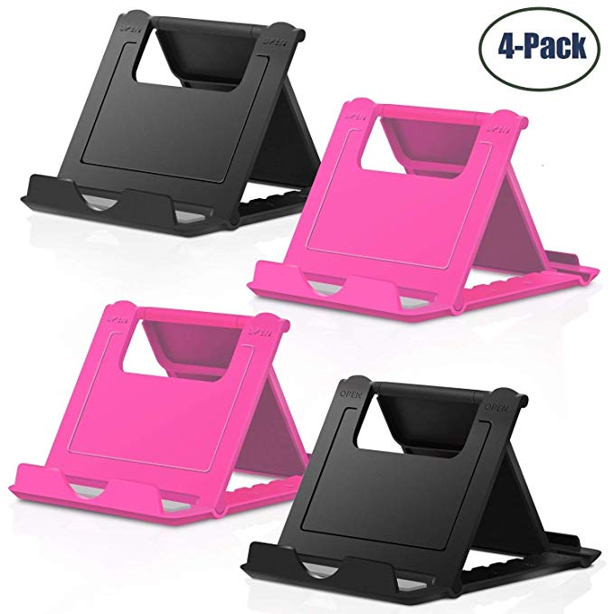 Cell Phone Stand, 4 Pack Smartphone Foldable & Adjustable Multi-Angle Pocket Desktop Holder Cradle for Tablets iPhone X/8/7 Plus/7/6s/6/5/4 SE iPad Mini, Nintendo Switch Samsung Galaxy,Black+Rose Red