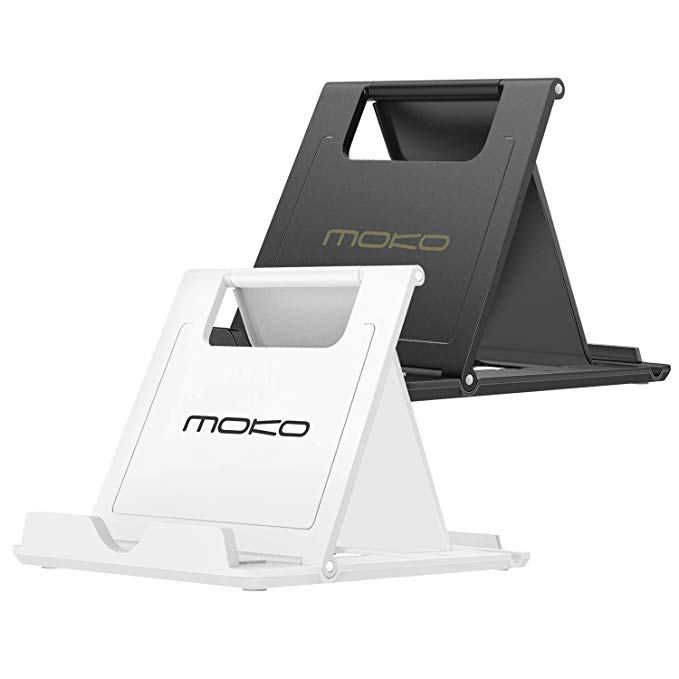 [2 Pack] MoKo Cellphone/Tablet Stand, Universal Foldable Multi-Angle Desktop Holder for iPhone X/8/8 Plus/7/7 Plus, Galaxy S9/S9 Plus/Note 8/Note 9, iPad 10.5, Nintendo Switch, White + Black