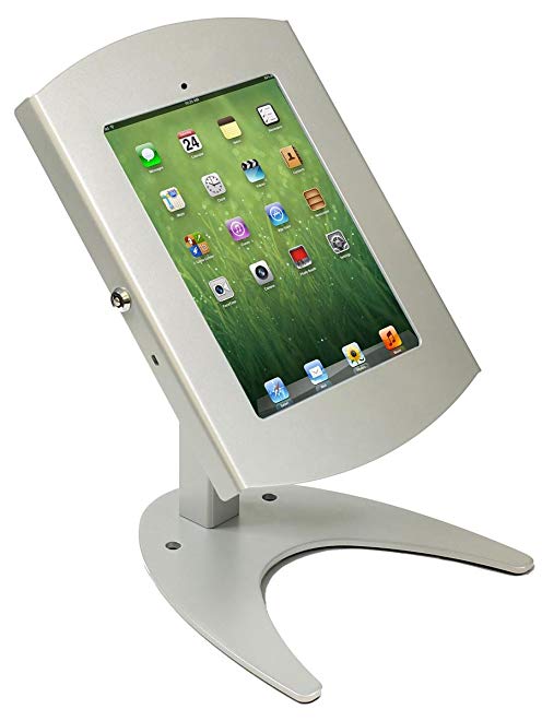 Tabletop iPad Stand, Counter Mount Locking Enclosure, Hinged Door, Hidden Home Button, iPad 2-4 and Air (Silver Aluminum/Steel)