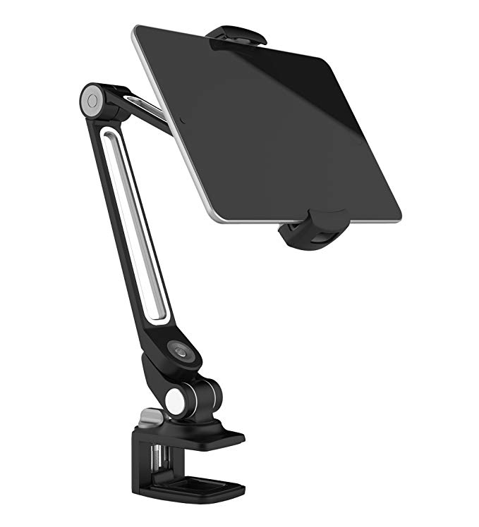 ZenCT Tablet Stand Clamp Mount Holder, Adjustable Metal Stand for Apple or Android Devices 4-11 Inches - Black