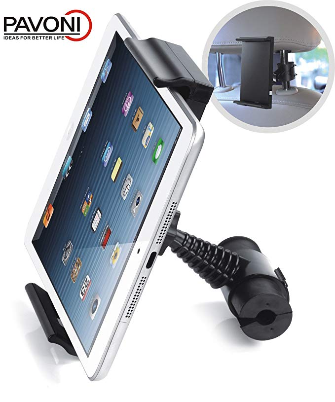 PAVONI®Tablet Car Mount Holder,Tablet Backseat Headrest Car Mount Stand Snap-On Holder with 360 Degrees Rotation Ball Head for 5 ~ 10.1 inch Tablet - Black