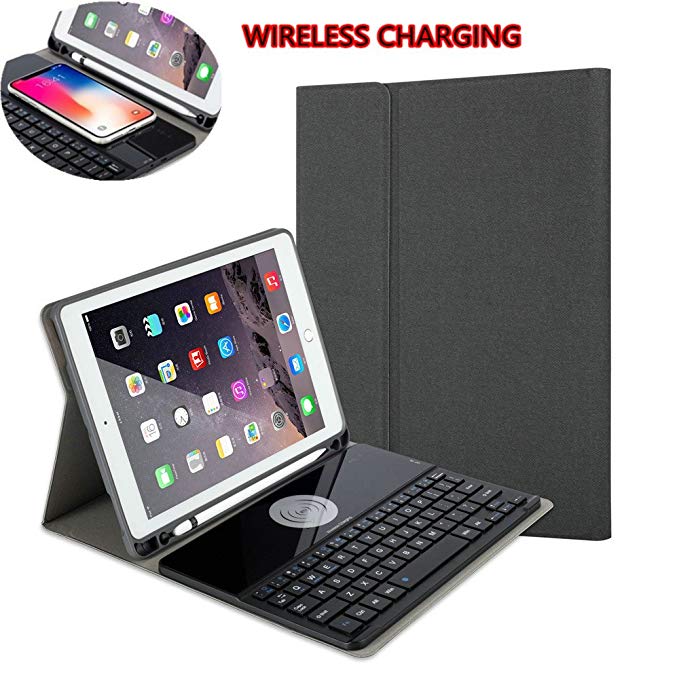 Detachable keyboard case with pencil holder for for New iPad 9.7” 2018&2017, iPad Pro 9.7, iPad Air/Air 2, Ultra-thin Bluetooth Keyboard Case with Built-in Stand and Wireless Charging Function (Black)