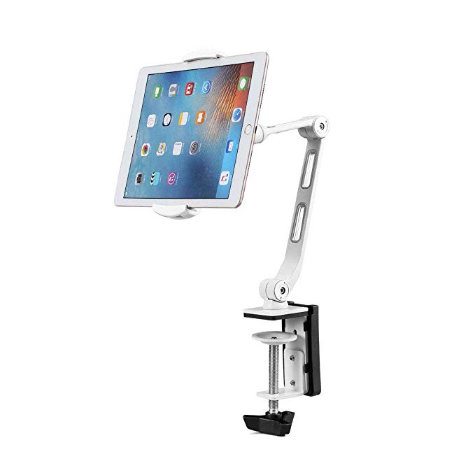 suptek Aluminum Tablet Desk Mount Stand 360° Flexible Cell Phone Holder for iPad, iPhone, Samsung, Asus and More 4.7-12.9 inch Devices, Good for Bed, Kitchen, Office (YF208BW)