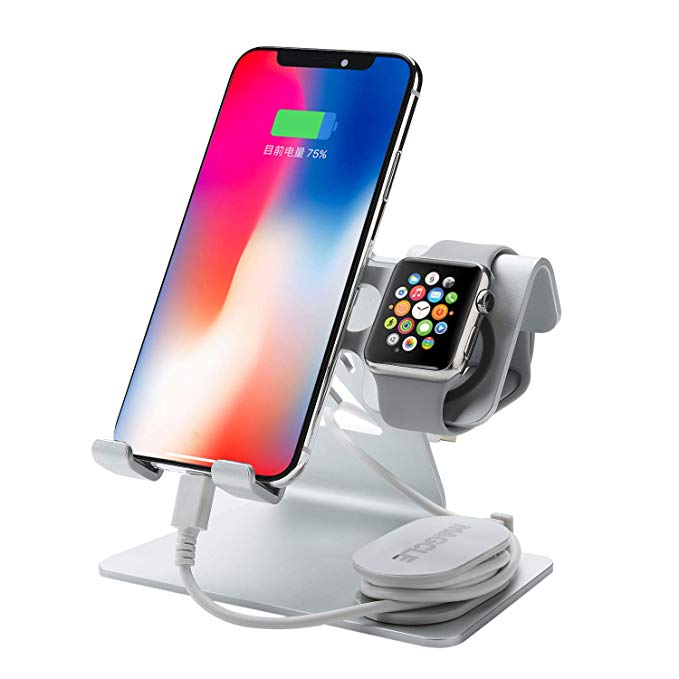 Cell Phone Stand for iPhone Xs/XR /XS Max, Magcle Aluminum Watch Stand for Apple iWatch Series 4/3/2/1 Charging Stands Dock,3 in 1 Stands Holder for Nintendo Switch,for iPad,Tablet(4-13 inch)(Silver)