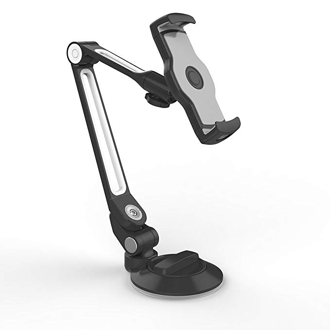 Tablet Stand LARICARE Phone Holder With Suction Cups Suit 4-11” Double Distance 360° Swivel Adjustable Sturdy Aluminum Fits Camera/iPad/iPhone/Samsung/Tablet/Surface Pro/Nintendo Switch LD203A (BLACK)