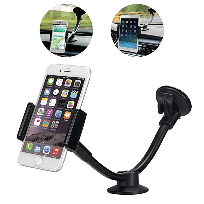 Car Mount, Lantoo Universal Long Arm Windshield Dashboard Car Mount Holder Cradle Include 2 Sizes Holders with Ultra Dashboard Base for Diagonal 3.5-5.5 Inch Smartphone and 7-8 Inch Tablet.