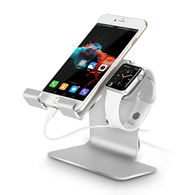 Apple Watch Stand-Tranesca 2-in-1 Charging Stand for 38mm/40mm/42mm/44mm Apple Watch/iPhone/iPad (Silver-Must Have Apple Watch Accessories)