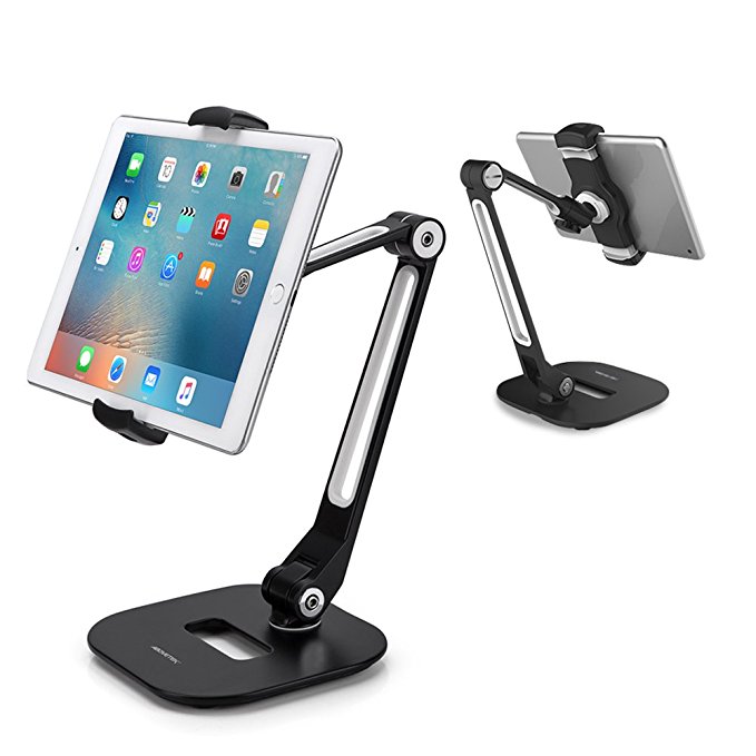 AboveTEK Long Arm Aluminum Tablet Stand, Folding iPad Stand with 360° Swivel iPhone Clamp Mount Holder, Fits 4-11