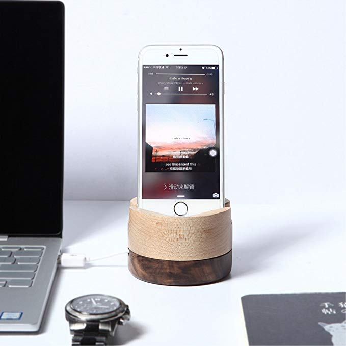 USB Charger Cable Saver Compatible with iPhone 7/8/X Charger Cable Winder Protector Wooden Cellphone Desk Charger Stand