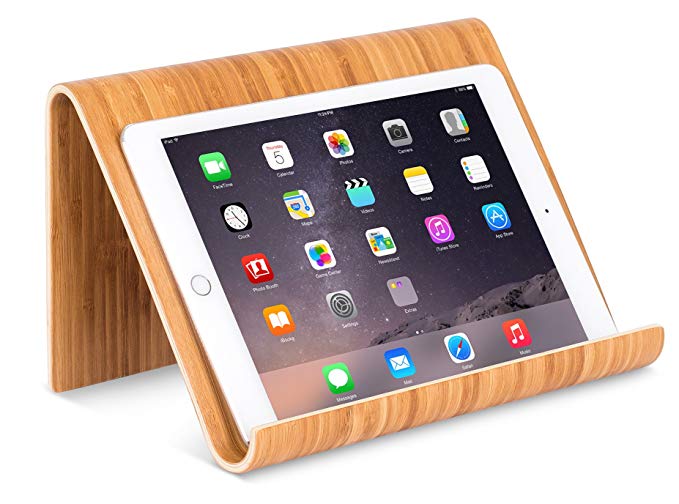 Sofia + Sam Bamboo Tablet Holder and Stand | Natural Wood | Works with iPad, Surface etc. | Cookbook Book E-readers Smartphones | Kitchen Table Top | Wire Organizer