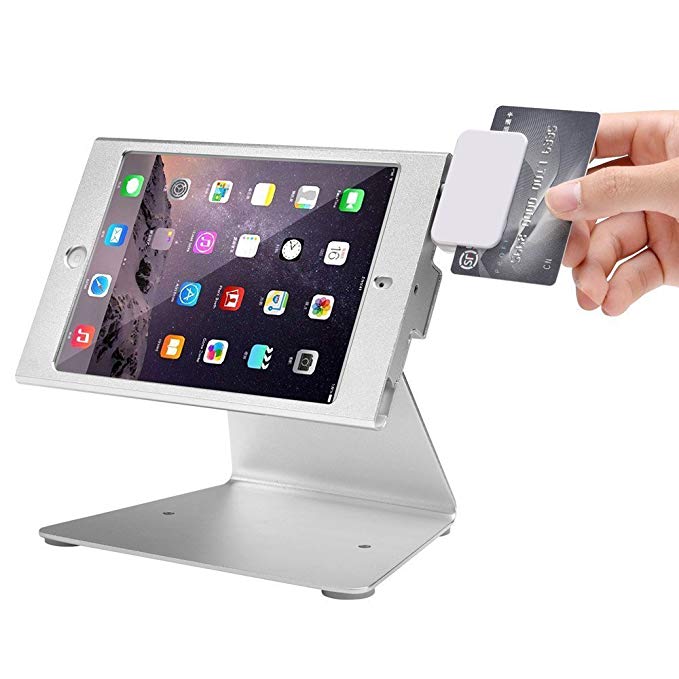 Smonet iPad Desktop Anti-Theft Security Kiosk & POS Stand Holder Enclosure with Lock and Key for Tablets iPad Mini, 360 Degree Rotating (Silver)