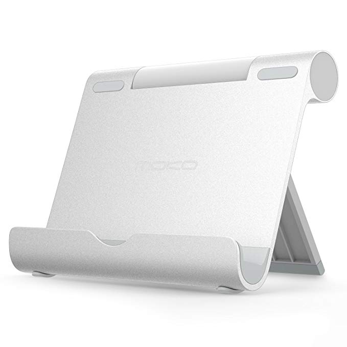 MoKo Tablet Stand, Aluminum Multi-Angle Portable Fold-up Holder for Devices(4-12 Inch), E-Readers, Fit iPhone XS/XS Max/XR/X/8 Plus/8, Galaxy S9/S9 Plus, iPad pro 10.5/9.7/Air/Mini, Silver