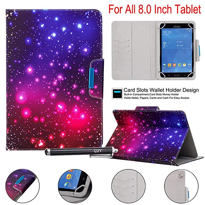 Universal 8.0 inch Tablet Case, Newshine Magnetic Closure Flip Stand Cover with Card/Cash Slots for iPad Mini/Galaxy Tab 8.0 Tablet/Amazon Kindle Fire HD HDX Other 8.0 Tablet - Purple Twinkle