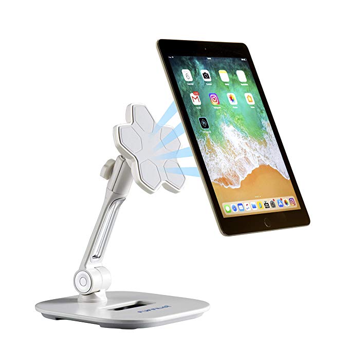 Universal Magnetic Phone & Tablet Holder Stand with 360 Degree Adjustable Swivel Head :: Non Damaging Mount for Desk or Table Surface (White)