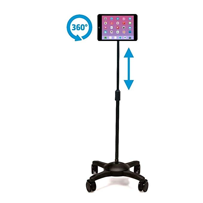 AIDATA iPad/Tablet Stand : Mobile Rolling Adjustable Floor Holder (Straight Arm) with wheels