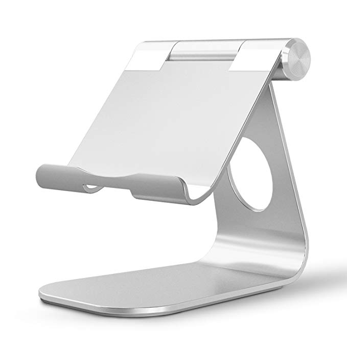 OMOTON Tablet Stand, Adjustable Multi-Angle Aluminum iPad Stand, with Stable Sticky Base and Convenient Charging Port, Fits All Smart Phones, E-Readers and Tablets (Up to 12.9 inch), Silver