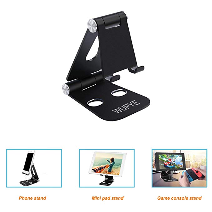 Cell Phone Stand Aluminum Portable 3 in 1 Multi-Angle Adjustable Holder Tablet Video Game Mount Office Home Desk Accessories for Nintendo Switch iPhone 8/x iPad Huawei Kindle Anti Slip Design (Black)