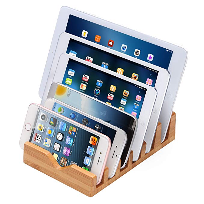 iCozzier 6 Slots Bamboo Charging Station Stand Dock, Multi Device Organizer for Small Laptops, iPhone, iPad, Samsung,Chrome Books, Smartphones & Tablets