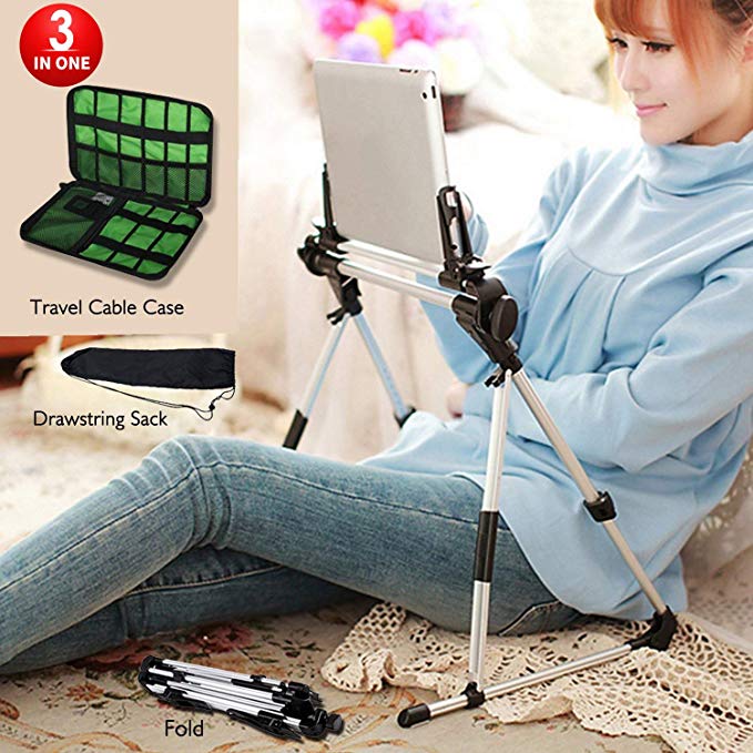 Tablet Stand Adjustable,Portable Phone Holder Stand for Bed, Sofa, Floor & Desk, Lazy Man Stand for iPad iPhone Cell phone Galaxy Tab E-reader Indoor & Outdoor with Cable Bag, Drawstring Sack 4-13inch