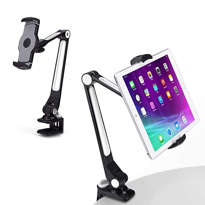 AboveTEK Sturdy iPad Holder, Aluminum Long Arm iPad Tablet Mount, 360° Swivel Tablet Stand & Phone Holder with Bracket Cradle Clamps 4-11